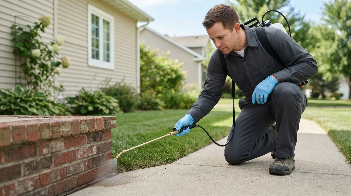 Pest control technician treating a home near Weinert, TX